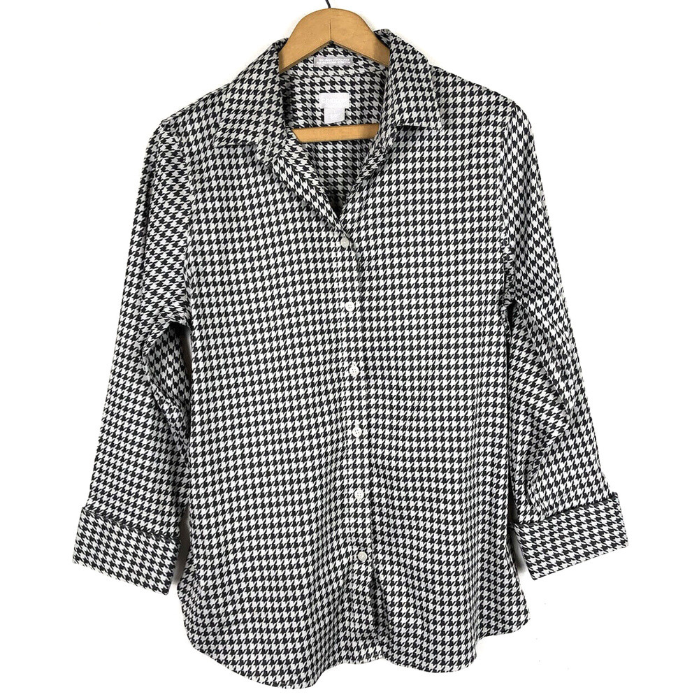 Chicos 1 Medium Shirt Houndstooth Top Button Down Gray White Black 3/4 Sleeve